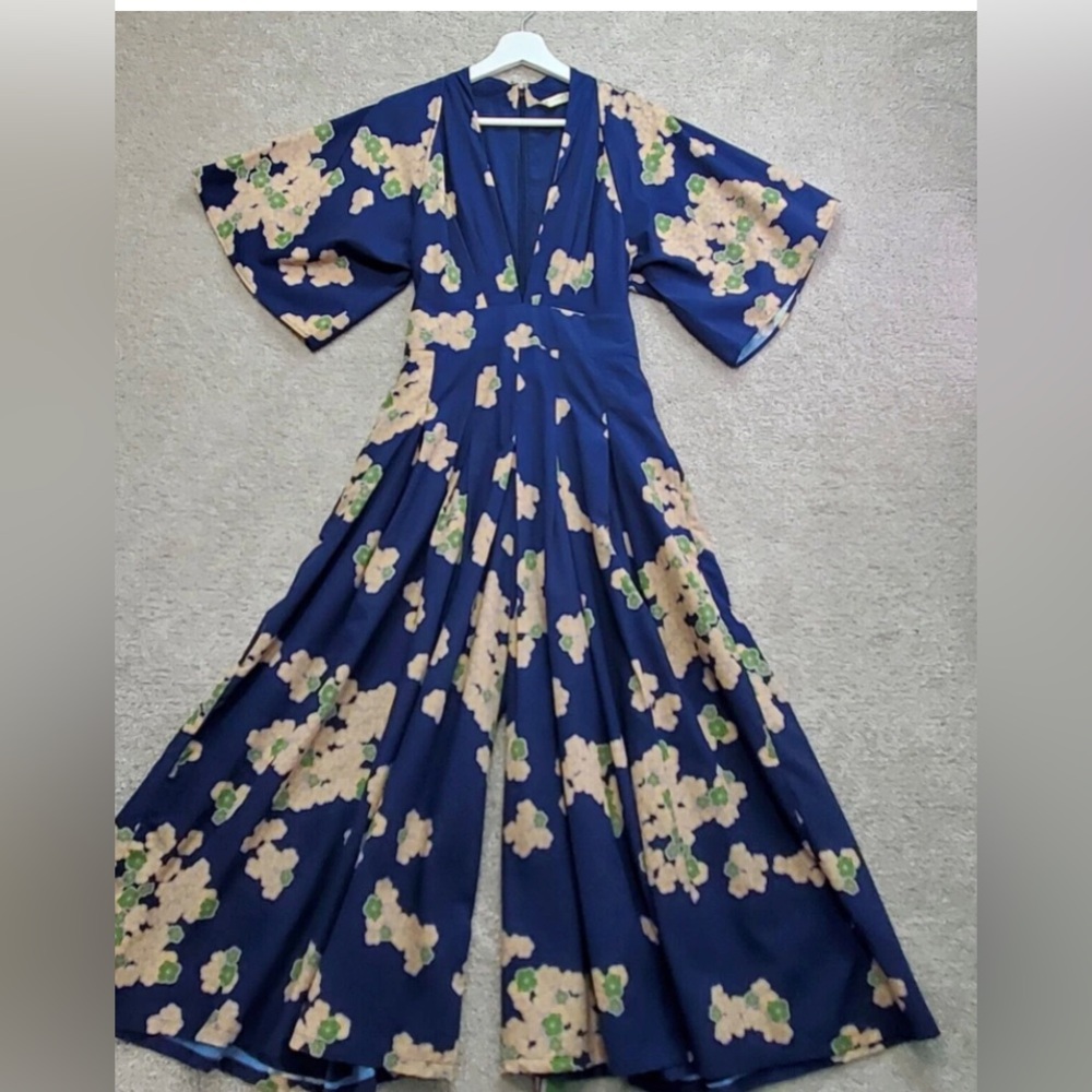 Women's Navy Floral Maxi Dress - Deep V Neck, Flutter Sleeves
